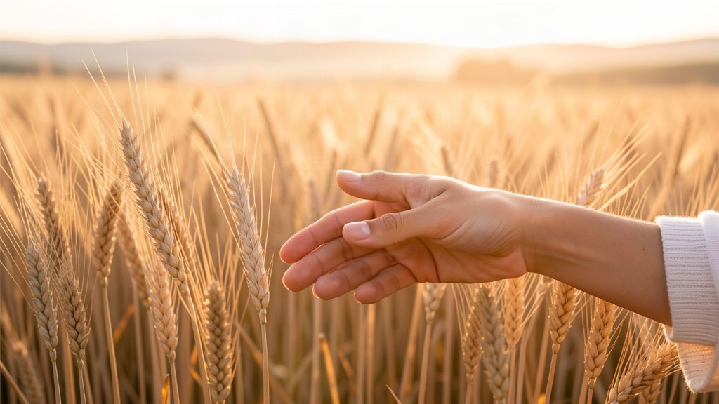 A hand brushing through ripe wheat in a sunlit field